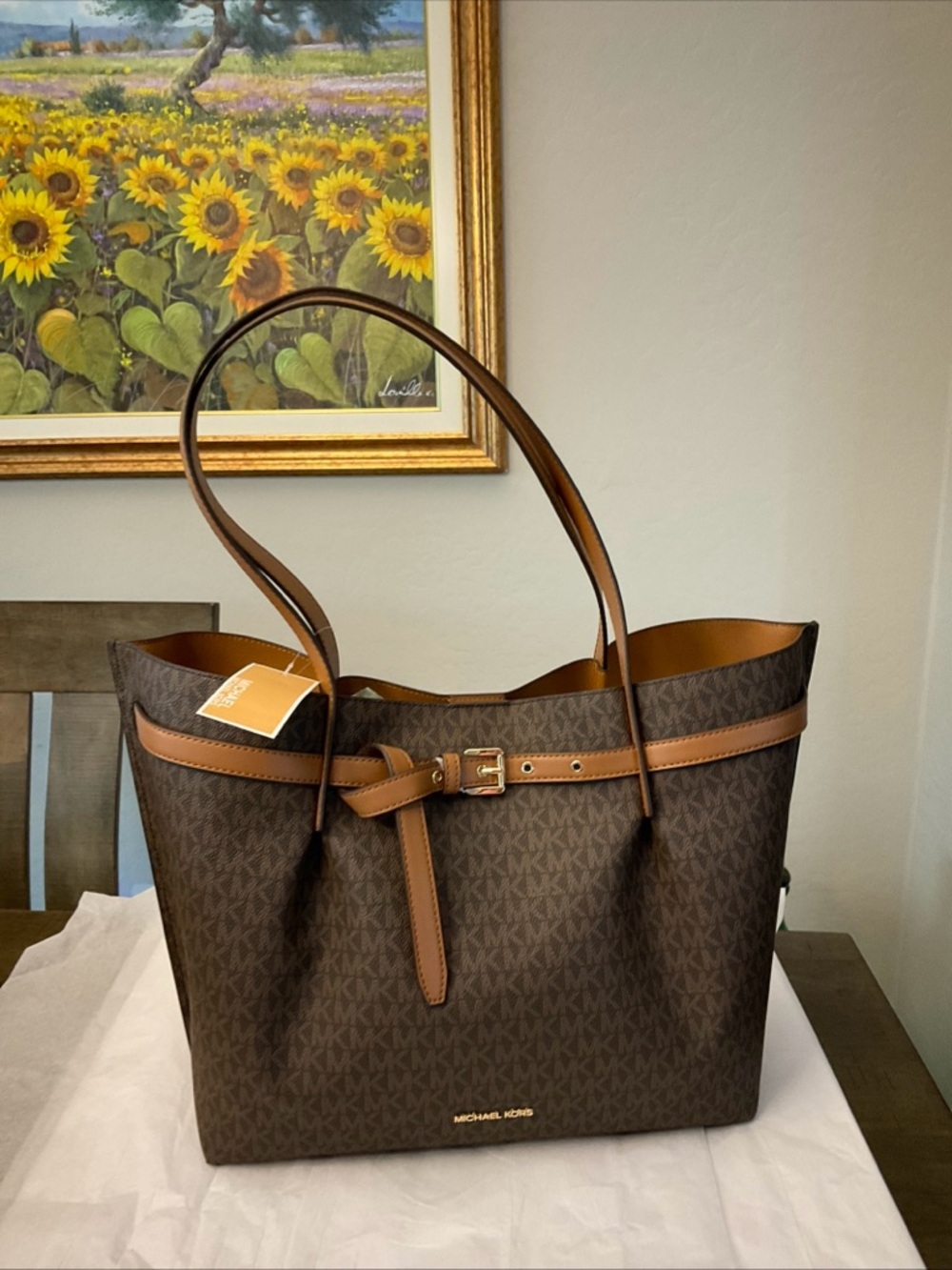 Michael Kors Emilia MK Logo Brown Large East West Center Zip Pocket Tote Bag NEW